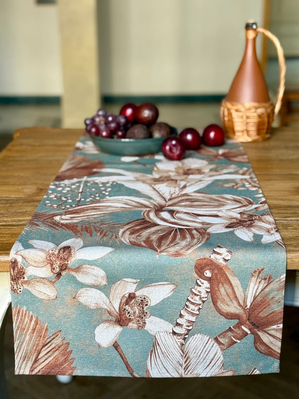 Hortensias Home Tischläufer Terra Flora aus Baumwoll-Leinen mit feinem Print