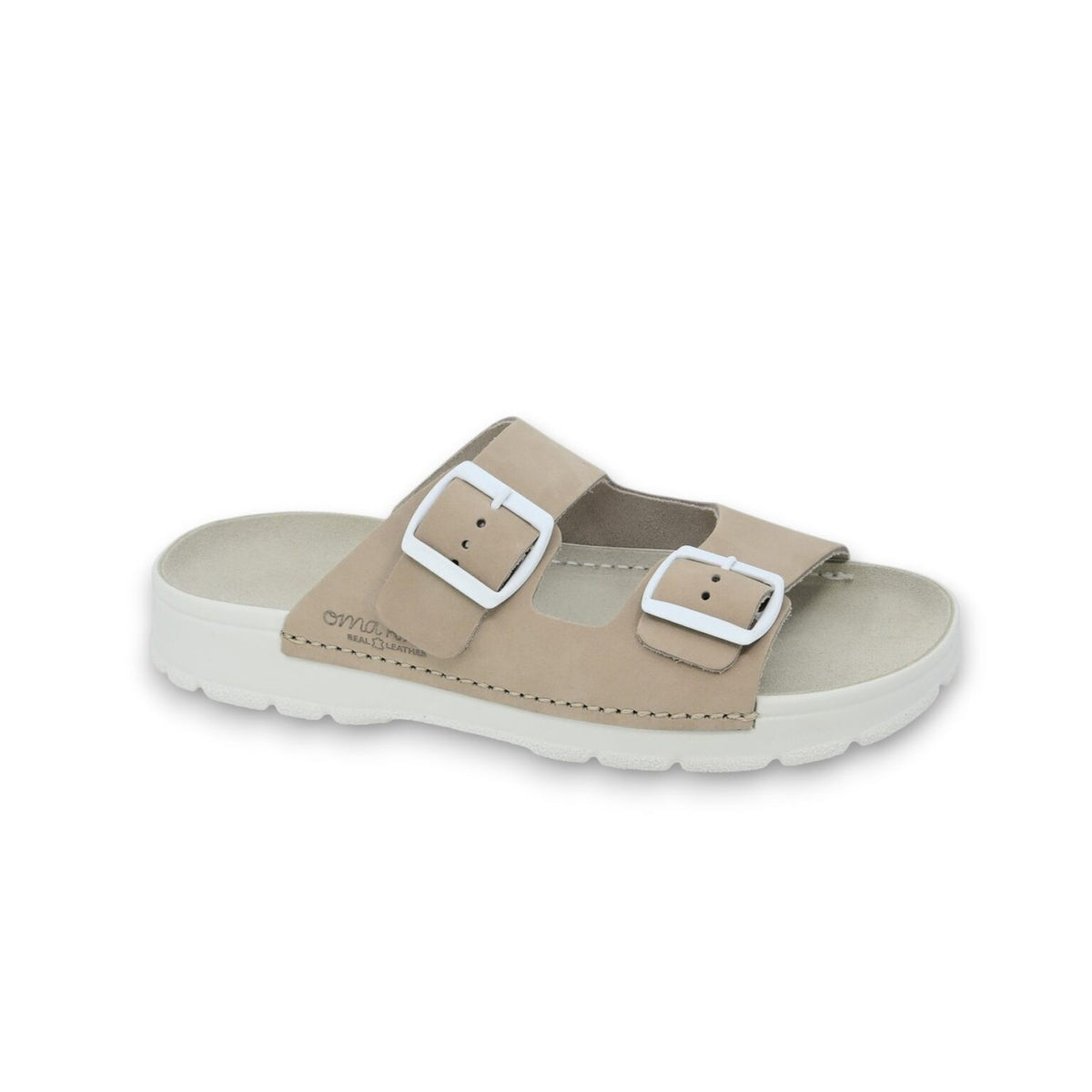 Omaking Cassady Leder-Slides in Beige mit breiten Riemen
