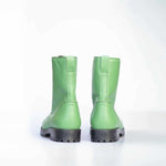 Samelin Big Apple Leder-Boots in Grün mit Reißverschluss, beide Stiefel nebeneinander